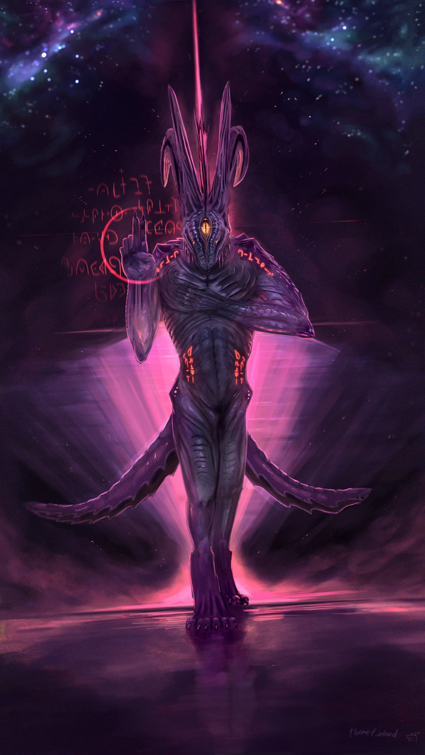 2_tails 3_eyes 6_fingers 6_toes 9:16 absurd_res alien bioluminescence detailed_background digitigrade feet fingers glowing hi_res male multi_eye multi_tail nude pink_body pink_skin purple_body purple_scales purple_skin reptile scales scalie solo standing story story_in_description tail themefinland toes