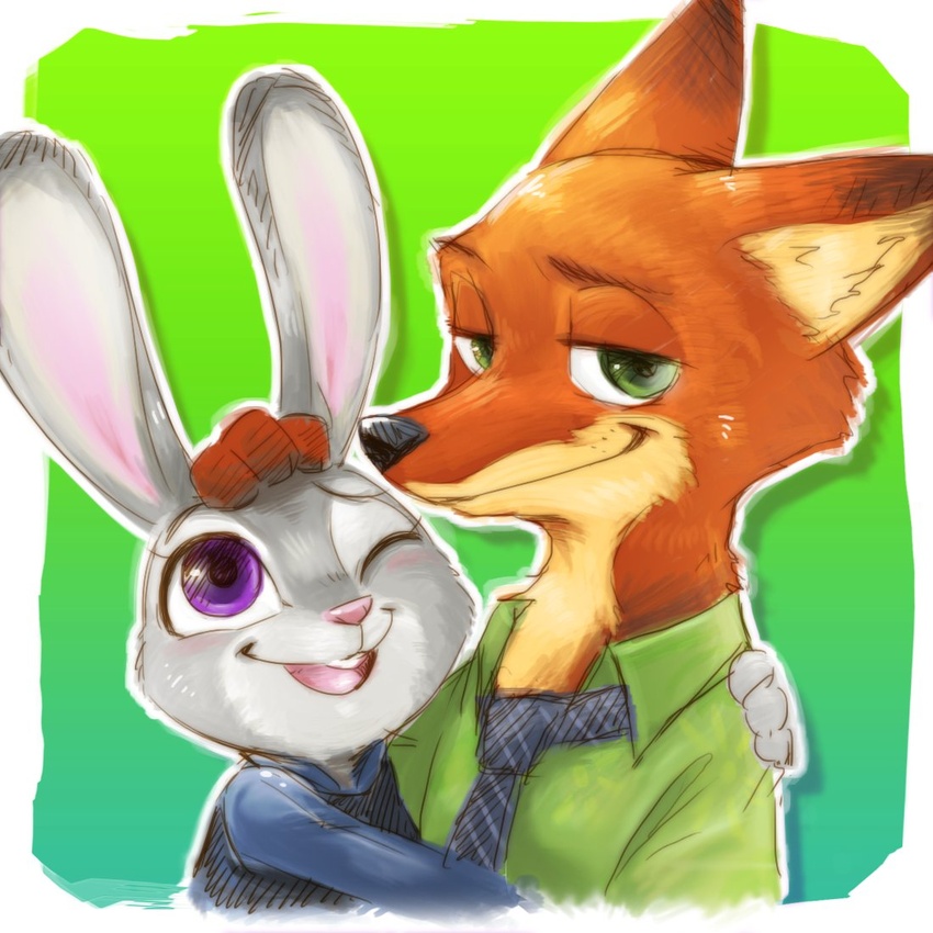 1:1 2018 anthro canid canine clothing disney duo female fox fur judy_hopps kemo_nuko lagomorph leporid male mammal nick_wilde orange_body orange_fur rabbit red_fox true_fox zootopia