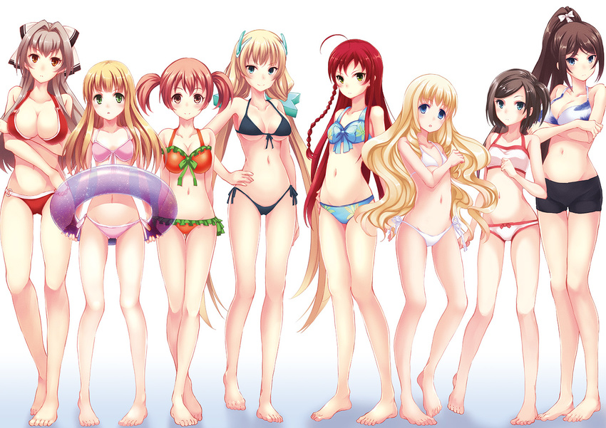 6+girls amagi_brilliant_park angela_balzac azuki_azusa barefoot bikini bikini_shorts black_bikini black_hair blonde_hair blue_bikini blue_eyes braid breasts brown_eyes brown_hair cleavage commentary_request crossed_arms crossed_legs crossover front-tie_top green_eyes hair_intakes hair_ribbon hand_on_own_hip hataraku_maou-sama! hentai_ouji_to_warawanai_neko. innertube latifa_fleuranza lineup long_hair medium_breasts multiple_crossover multiple_girls navel one_side_up orange_bikini photoshop_(medium) pink_bikini ponytail rakuen_tsuihou red_bikini red_hair ribbon sasakawa_arumi sasaki_chiho sento_isuzu short_hair shorts single_braid small_breasts standing swim_ring swimsuit tsutsukakushi_tsukiko tsutsukakushi_tsukushi twintails very_long_hair white_bikini yellow_eyes yusa_emi