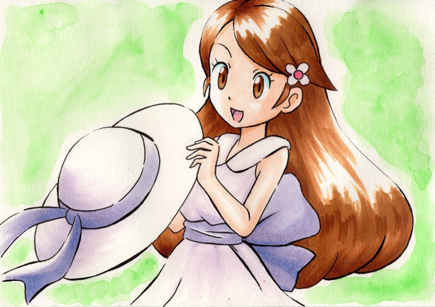 bad_id bad_twitter_id brown_eyes brown_hair commentary_request dress female hair_ornament hairpin hat holding holding_clothes holding_hat lady_(pokemon) marker_(medium) oka_mochi painting_(medium) pokemon pokemon_bw sleeveless sleeveless_dress solo sun_hat traditional_media unworn_hat unworn_headwear watercolor_(medium)