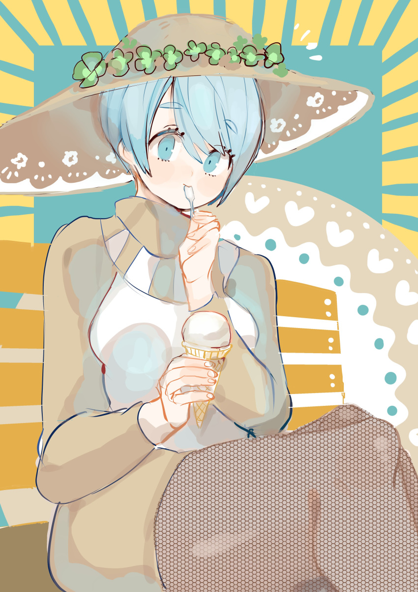 absurdres aqua_eyes aqua_hair bench breasts brown_hat eating feet_out_of_frame female fishnet_pantyhose fishnets food hat heart highres holding holding_food ice_cream ice_cream_cone koura_higure long_sleeves original pantyhose short_hair sitting solo