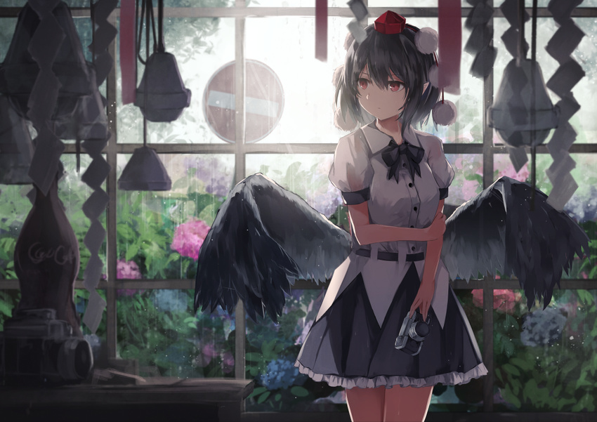 bare_arms bell black_bow black_bowtie black_hair black_skirt black_wings bow bowtie camera commentary_request day desk female flower hat holding holding_camera hydrangea indoors looking_away low_wings no_entry_sign plant pointy_ears pom_pom_(clothes) rain red_eyes road_sign shameimaru_aya shide shirt short_hair short_sleeves sign skirt solo standing thkani tokin_hat touhou white_shirt window wings