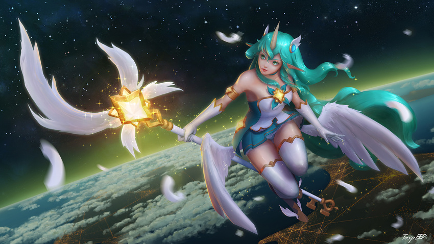 animal_ears dress horns league_of_legends pantsu pointy_ears signed soraka thighhighs tospeed wallpaper weapon wings