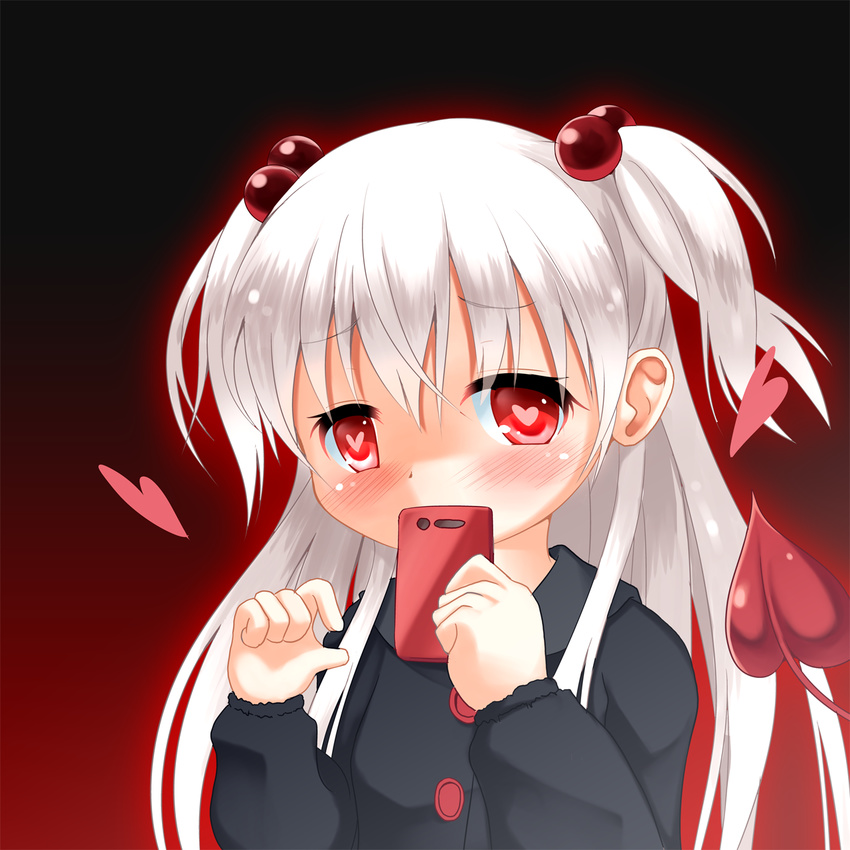 alternate_color alternate_eye_color alternate_hair_color blush borrowed_character cellphone commentary_request demon_tail evo_grim female hair_bobbles hair_ornament heart heart-shaped_pupils highres kanna_hisashi long_hair looking_at_viewer mikane_sebiri money_gesture original phone solo symbol-shaped_pupils tail two_side_up upper_body white_hair