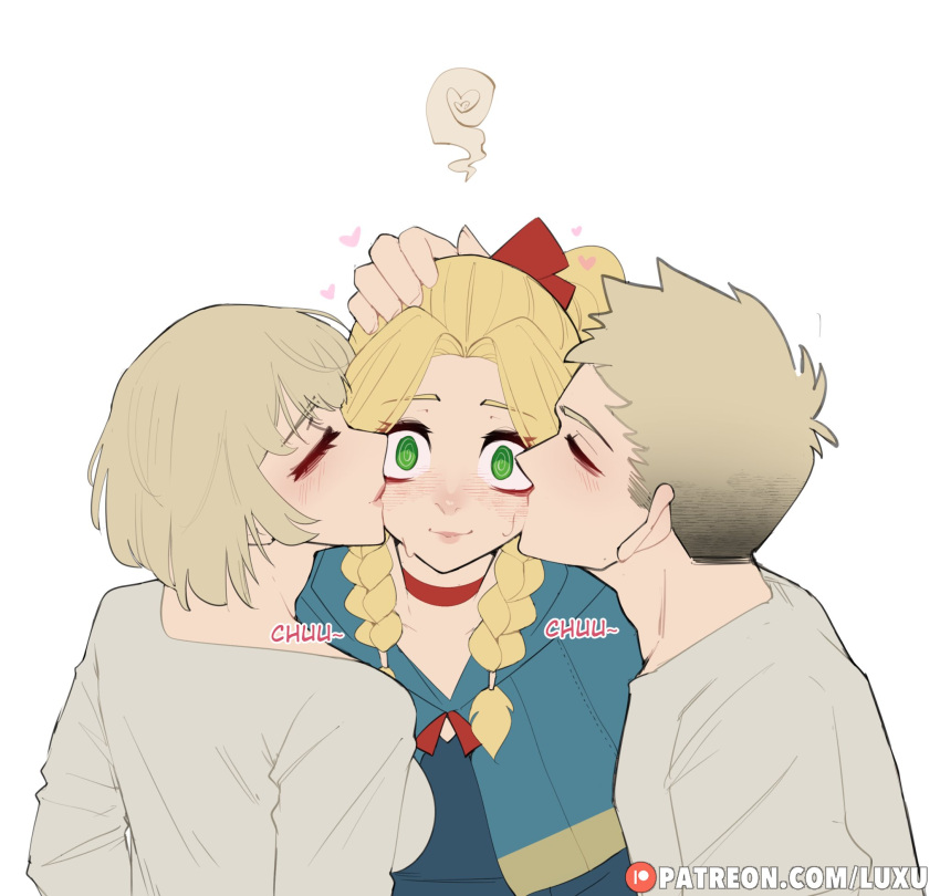 1boy 2girls bisexual bisexual_(female) bisexual_panic blonde_hair blush choker closed_eyes delicious_in_dungeon dungeon_meshi elf elf_ears elf_female falin_touden falin_touden_(tallman) female green_eyes heart hi_res kissing kissing_cheek laios_touden luxurias male marcille_donato smile twin_braids white_background wholesome