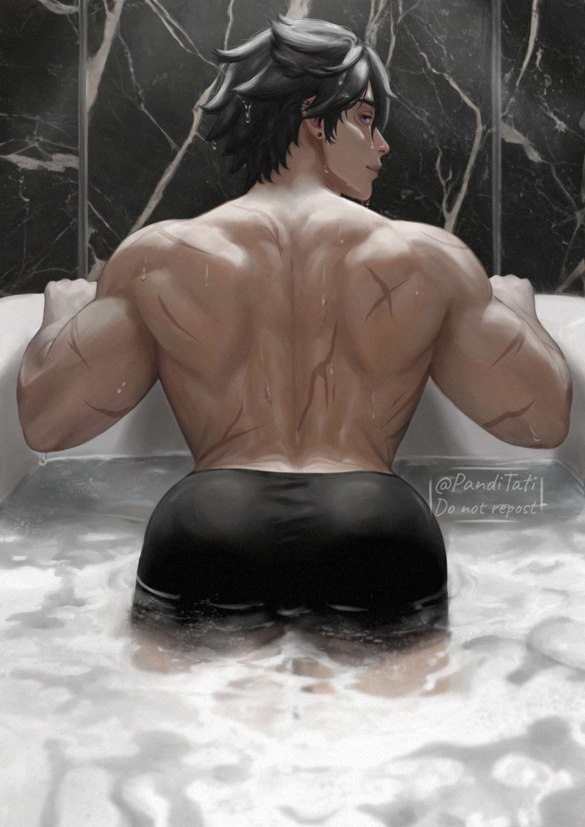 ass ass_focus back_view bath bathroom bubble_ass bubble_butt censored genshin_impact male male_focus male_only muscular muscular_male panditati wriothesley_(genshin_impact)