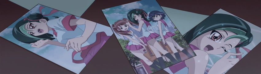 3girls blue_hair brown_hair green_hair highres legs long_hair long_image miniskirt mizuki_kotori_(yuu-gi-ou_zexal) multiple_girls pan ribbon sachi sei sei_(yuu-gi-ou_zexal) skirt wide_image yu-gi-oh! yugioh_zexal yuu-gi-ou_zexal