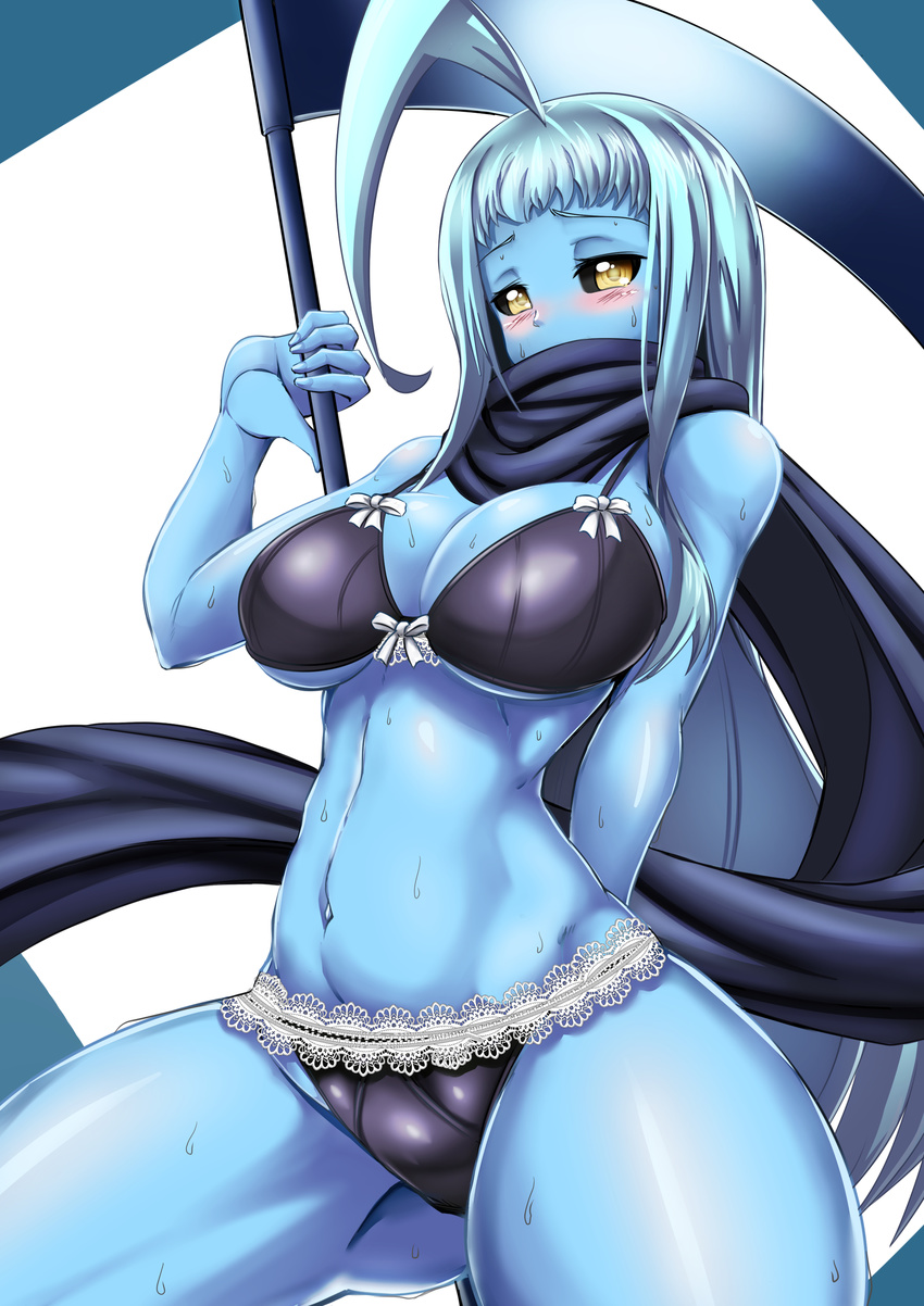 absurdres ahoge black_bra black_panties black_scarf black_sclera blue_hair blue_skin blush bra breasts colored_sclera colored_skin commentary cowboy_shot english_commentary female highres huge_ahoge lace lace-trimmed_panties lace_trim lala_(monster_musume) large_breasts long_hair looking_at_viewer monster_musume_no_iru_nichijou navel panties scarf scythe solo sweat thick_thighs thighs underboob underwear underwear_only very_long_hair virusotaku yellow_eyes