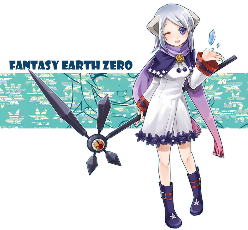 animal_ears bad_id bad_pixiv_id fantasy_earth fantasy_earth_zero female leaf maple_leaf one_eye_closed photoshop_(medium) ruru_(lamourouge) scarf short_hair solo sorcerer_(eudyptes_outfit)_(fantasy_earth_zero) sorcerer_(fantasy_earth_zero) staff tongue