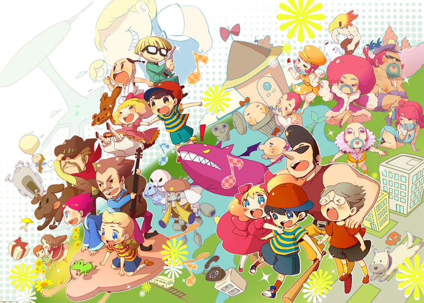 3girls 6+boys ana_(mother) baseball_bat baseball_cap boney canine claus_(mother_3) commentary_request cowboy cowboy_hat cowboy_western crossdressing doseisan everyone flint_(mother_3) flying_man gin_(oyoyo) glasses hair_ribbon hat hinawa jeff_andonuts kumatora lloyd_(mother) lucas_(mother_3) mother_(game) mother_1 mother_2 mother_3 multiple_boys multiple_girls musical_note ness's_father ness_(mother_2) ninten paula_(mother_2) picky_minch poo_(mother_2) porky_minch ramblin'_evil_mushroom ribbon salsa_(mother) shirt siblings starman_(mother) striped_clothes striped_shirt teddy_(mother) trash_can