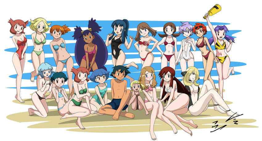 2boys 6+girls androgynous aoi_(pokemon) arm_up armpits arms_up ass bare_legs bare_shoulders barefoot beach bel_(pokemon) bikini black_bikini black_hair blonde_hair blue_bikini blue_eyes blue_hair blush bow breasts brown_bikini brown_eyes brown_hair character_request choker cleavage collarbone dark_skin dawn_(pokemon) ear eureka_(pokemon) feet fingernails flat_chest fleura_(pokemon) green_bikini green_eyes green_hair hair_ornament hair_over_one_eye hairbow hairclip harem haruka_(pokemon) highres hips iris_(pokemon) kanon_(pokemon) kasumi_(pokemon) kneeling knees kotone_(pokemon) latias legs lila_(pokemon) lolicon long_hair md5_mismatch midriff millefeui_(pokemon) multiple_boys multiple_girls nail nails nanako_(pokemon) navel nintendo no_hat nozomi_(pokemon) ocean one-piece_swimsuit orange_hair personification pink_bikini pokemon pokemon_(anime) pokemon_(game) pokemon_bw pokemon_bw2 pokemon_dppt pokemon_frlg pokemon_gsc pokemon_hgss pokemon_rgby pokemon_rse pokemon_xy pose purple_hair red_bikini red_eyes red_hair resized reverse_trap sand satoshi_(pokemon) serena_(pokemon) shiny shirona_(pokemon) short_hair shorts side-tie_bikini side_ponytail sitting sling_bikini small_breasts smile swimsuit tooi_(pokemon) tooi_rondot white_bikini white_swimsuit wide_hips zaizaiwangwang