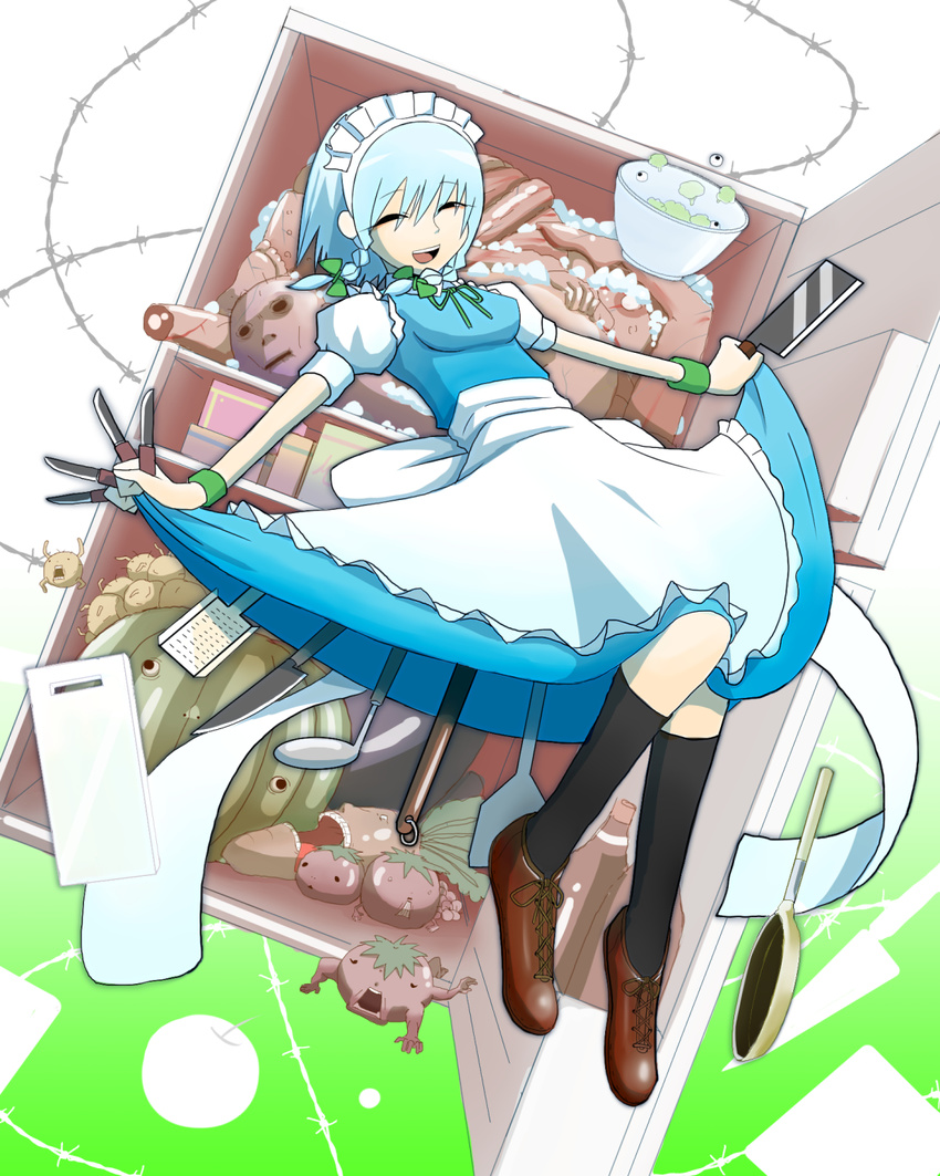 :d apron bad_id bad_pixiv_id banned_artist barbed_wire blue_hair body_parts bow brown_footwear butcher_knife carrot cheese_grater cleaver commentary_request dress dress_lift eyeball food freezer fruit frying_pan grater green_bow green_ribbons hairbow half-closed_eyes highres horror_(theme) izayoi_sakuya knife ladle maid maid_headdress neck_ribbon okahi open_mouth ribbon shoes short_hair silver_hair smile solo spatula strawberry tomato touhou waist_apron watermelon