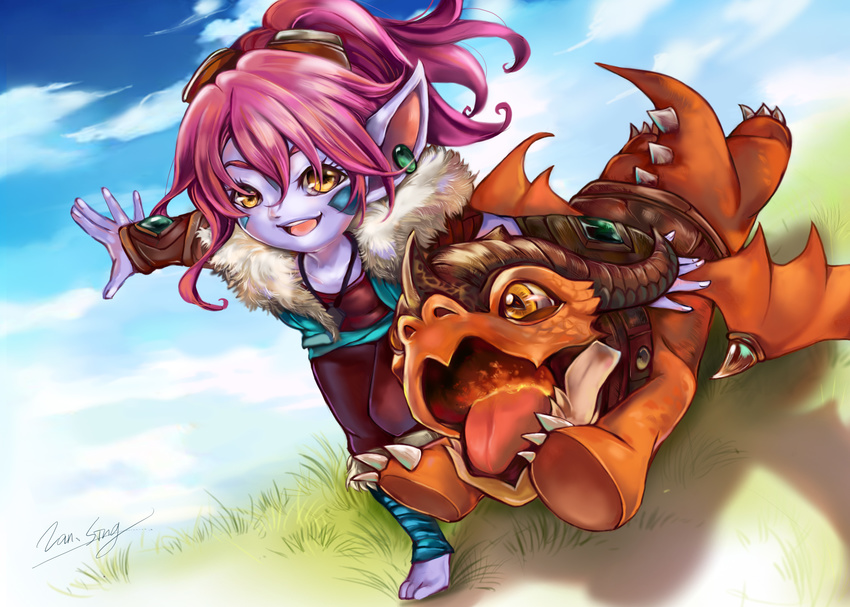 absurdres alternate_costume alternate_hair_color artist_name barefoot blue_skin blue_sky cloud colored_skin commentary_request day dragon dragon_trainer_tristana female fur_trim grass highres jewelry lan_sing league_of_legends necklace open_mouth outdoors photoshop_(medium) pointy_ears purple_hair riggle_(league_of_legends) running signature sky tristana yordle