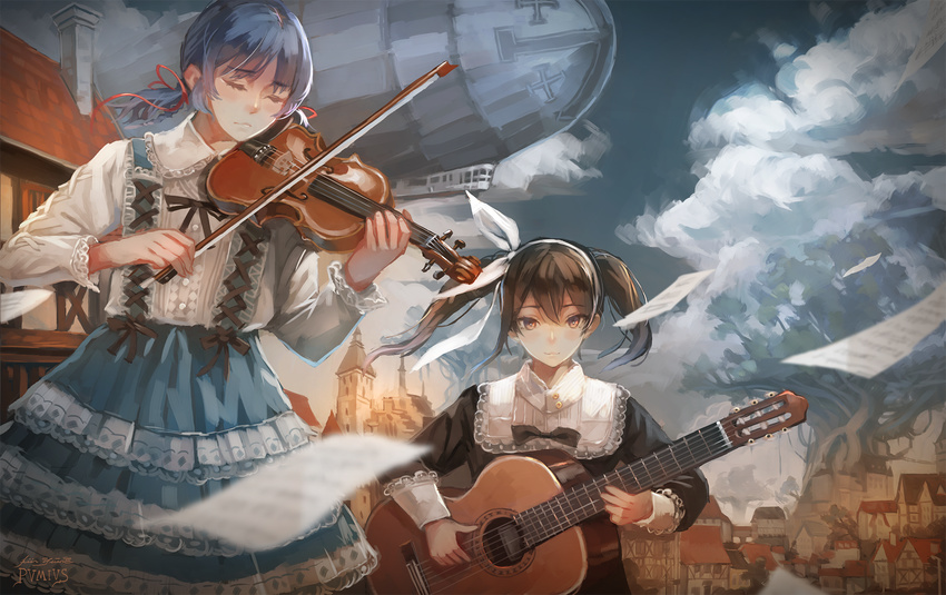 2girls aircraft artist_name bad_id bad_pixiv_id blue_hair blurry bow brown_eyes brown_hair check_clothing city closed_eyes clothing_request cloud depth_of_field dirigible frilled_shirt frilled_skirt frills giant_tree guitar hair_ribbon hairband hairbow highres house instrument lace lace-trimmed_shirt lace-trimmed_skirt lace_trim light_smile long_hair looking_at_viewer multiple_girls music original paper playing_instrument pvmivs ribbon road sheet_music shirt short_hair short_twintails signature skirt sky street suspender_skirt suspenders traditional_clothes tree twintails violin wind