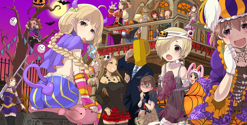 6+girls black_legwear blonde_hair blue_eyes braid brown_eyes brown_hair chiyomi commentary_request demon_tail futaba_anzu ghost green_eyes hair_ornament hair_ribbon hairclip halloween hat head_wings headband highres horns idolmaster idolmaster_cinderella_girls kiba_manami kita_hinako kitami_yuzu matsunaga_ryo mochida_arisa multiple_girls namba_emi ribbon sakuma_mayu seki_hiromi shirasaka_koume short_hair skirt tail tears thighhighs twin_braids ueda_suzuho umeki_otoha wings yaguchi_miu yokoyama_chika