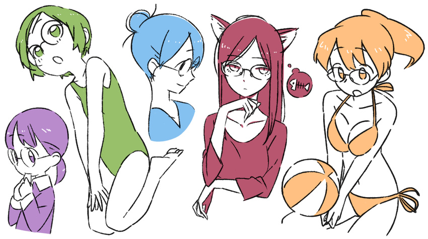 5girls animal_ears ball beachball bikini cat_ears commentary_request copyright_request eating fish_bone glasses hair_bun long_hair multiple_girls one-piece_swimsuit open_mouth profile short_hair single_hair_bun swimsuit takken_(kupipo) thought_bubble twintails