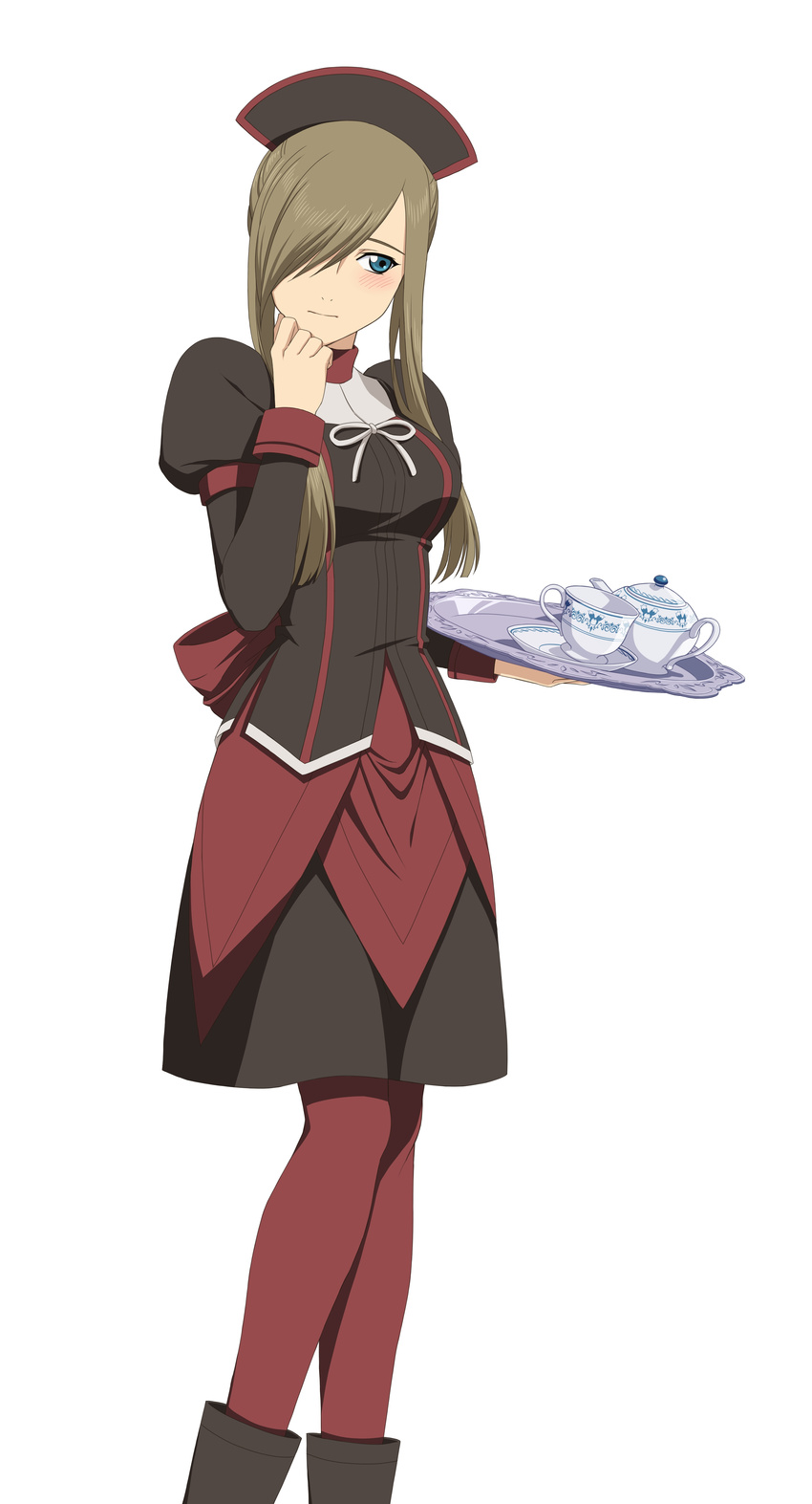 absurdres aqua_eyes brown_hair carrying cup dress female hair_over_one_eye headdress highres long_hair long_sleeves official_alternate_costume official_art puffy_sleeves red_legwear shy solo tales_of_(series) tales_of_link tales_of_the_abyss teacup teapot tear_grants tear_grants_(proud_maid) tray