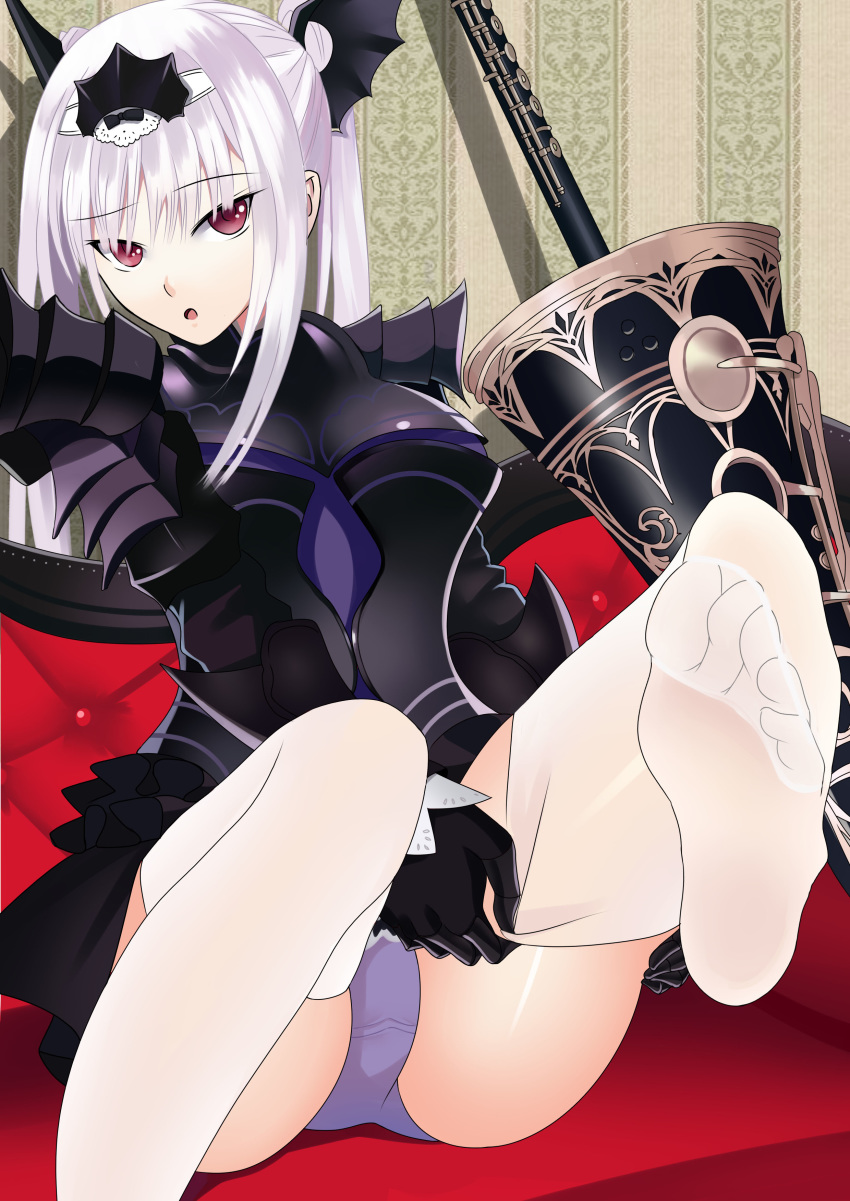 armor couch excela_noa_aura feet female highres leg_up long_hair looking_at_viewer panties pantyshot red_eyes sheer_legwear shining_(series) shining_resonance silver_hair sitting soles toes underwear white_legwear