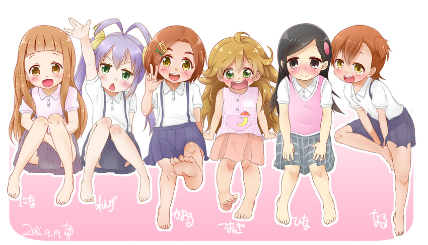 6+girls amaama_to_inazuma barakamon barefoot blush closed_mouth crossover eyebrows eyebrows_visible_through_hair feet hair_ornament hairclip happy ichihara_nina idolmaster idolmaster_cinderella_girls inuzuka_tsumugi kazuya_lolicon kotoishi_naru kubota_hina lolicon long_hair looking_at_viewer miyauchi_renge multiple_girls non_non_biyori open_mouth orange_hair raising_hand ryuuzaki_kaoru school_uniform shiny shiny_hair shiny_skin short_hair sitting skirt smile uniform v x_hair_ornament