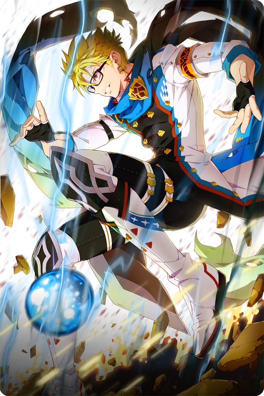 1boy ball black_gloves blonde_hair comiccho cross cross_earrings earrings fingerless_gloves glasses gloves highres jewelry looking_to_the_side male_focus official_art parted_lips red_eyes scarf shoes skorn soccer_ball soccer_spirits solo white_footwear white_legwear