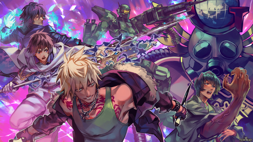 4boys :o black_hair blonde_hair blue_eyes blue_jacket brown_hair bullet cape claws commentary_request copyright_name dual_wielding fighting_stance grin highres holding holding_polearm holding_sword holding_weapon jacket jewelry knife male_focus mecha multiple_boys necklace official_art otani_(gloria) polearm psychic_hearts purple_background robot shouting smile spear sword tattoo veins weapon white_cape