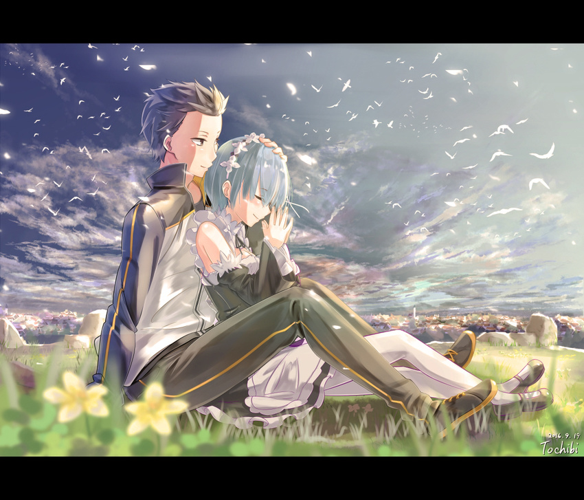 1boy bad_id bad_pixiv_id bare_shoulders bird black_hair blue_hair blurry closed_eyes dated day depth_of_field detached_sleeves female flower hair_ornament hand_on_another's_head letterboxed maid natsuki_subaru outdoors re:zero_kara_hajimeru_isekai_seikatsu rem_(re:zero) roswaal_mansion_maid_uniform short_hair sitting straight tochibi