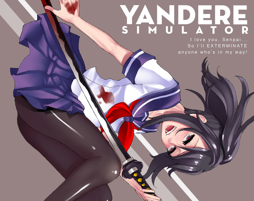 ayano_aishi black_eyes black_hair blood female highres katana open_mouth pantyhose photoshop_(medium) ponytail school_uniform serafuku simple_background smile solo sword weapon yandere yandere_simulator