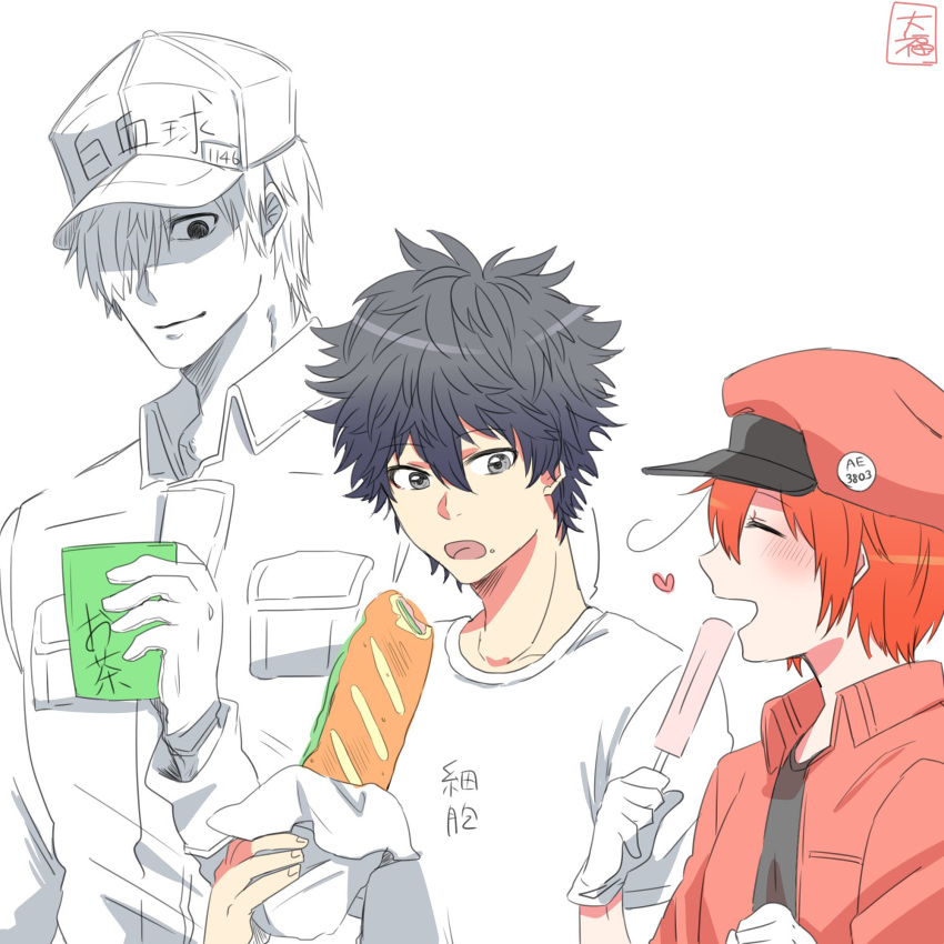 2boys ^_^ ae-3803 ahoge black_eyes black_hair cabbie_hat cancer_cell_(hataraku_saibou) closed_eyes collared_shirt colored_skin commentary_request common_cell_(hataraku_saibou) daifuku_(mamamaran) female food green_tea hair_over_one_eye hat hataraku_saibou heart highres looking_at_another multiple_boys popsicle red_blood_cell_(hataraku_saibou) red_hair red_hat sandwich shirt smile submarine_sandwich t-shirt tea u-1146 uniform white_blood_cell_(hataraku_saibou) white_hair white_hat white_shirt white_skin