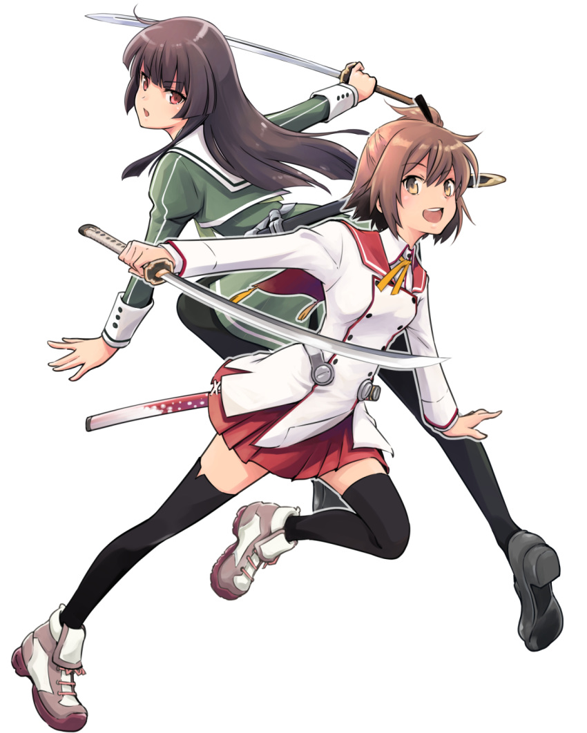 2girls :d ankle_boots black_legwear blunt_bangs boots brown_eyes brown_hair buttons commentary_request cross-laced_footwear double-breasted dress etou_kanami from_side full_body green_dress green_neckwear grey_outline heijou_institute_school_uniform highres holding holding_sword holding_weapon juujou_hiyori katana lace-up_boots loafers long_hair long_sleeves looking_at_viewer looking_to_the_side minoseki_gakuin_uniform multiple_girls neck_ribbon one_side_up open_mouth outstretched_arm pantyhose pleated_dress pleated_skirt red_eyes red_sailor_collar red_skirt ribbon round_teeth sailor_collar saitou_sakae school_uniform sheath shoes short_hair simple_background skirt smile straight-laced_footwear sword tassel teeth thighhighs toji_no_miko weapon white_background white_sailor_collar yellow_ribbon zettai_ryouiki