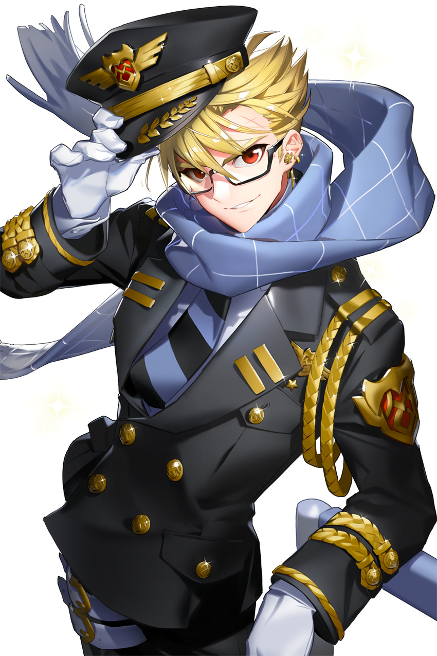 1boy adjusting_clothes adjusting_headwear armrest blonde_hair blue_scarf cross cross_earrings earrings glasses gloves grin hat highres jewelry looking_at_viewer male_focus necktie official_art parted_lips pocket red_eyes scar scarf skorn smile soccer_spirits solo striped striped_necktie transparent_background uniform white_gloves