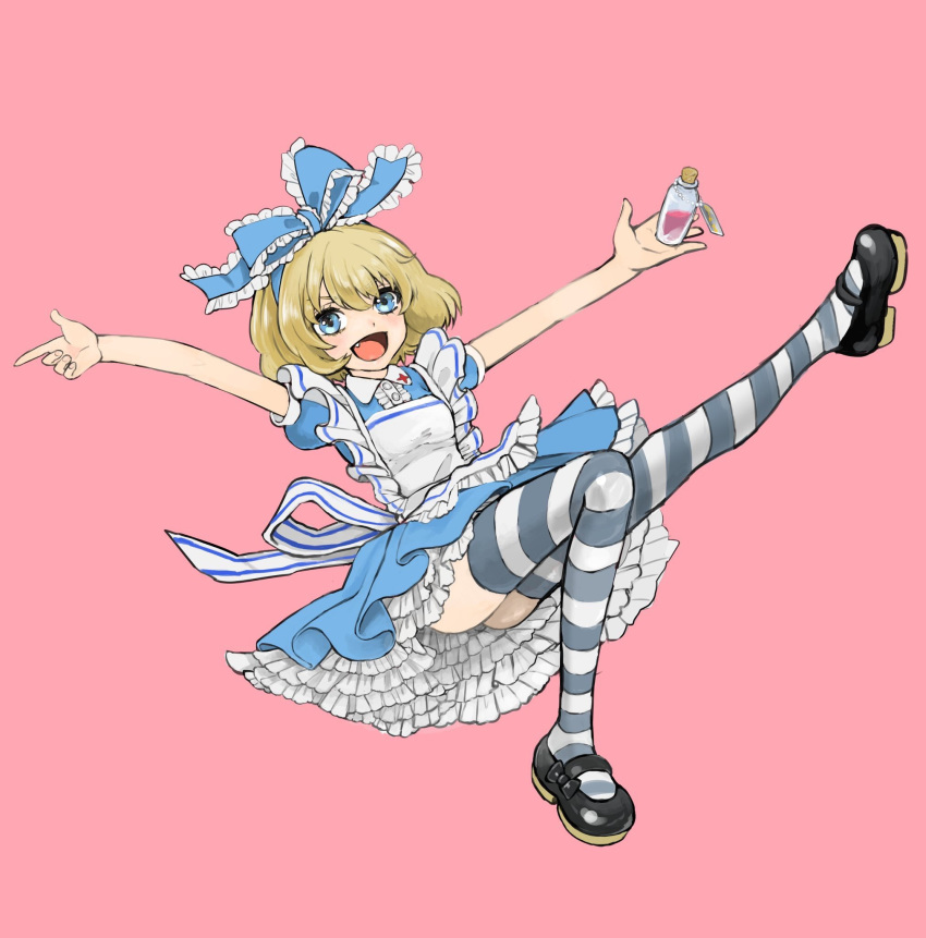 :d alice_(alice_in_wonderland) alice_(alice_in_wonderland)_(cosplay) alice_in_wonderland apron banira_(oocooocooocoo) blonde_hair blue_dress blue_eyes blue_ribbon bottle bottomless bow commentary cosplay dress emblem female floating footwear_bow frilled_apron frilled_ribbon frills full_body girls_und_panzer grey_thighhighs hair_ribbon highres holding holding_bottle katyusha_(girls_und_panzer) leg_up looking_at_viewer maid_apron mary_janes oerba_yun_fang open_mouth outstretched_arms petticoat pink_background puffy_short_sleeves puffy_sleeves ribbon shoes short_dress short_hair short_sleeves simple_background smile solo spread_arms striped_clothes striped_thighhighs thighhighs white_apron