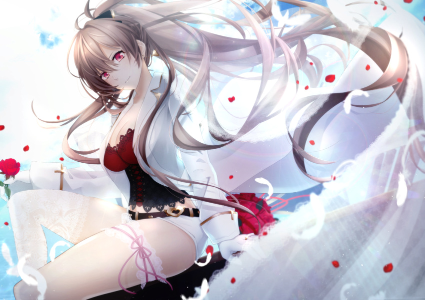 alternate_breast_size alternate_costume anchor_symbol azur_lane belt black_belt blue_sky bow breasts bridal_garter bridal_veil bride choker cleavage cloud collarbone commentary_request day dress earrings falling_petals feathers female floating_hair flower fulunukko gloves hair_between_eyes hairbow head_tilt heart_belt high_ponytail holding holding_flower jacket jean_bart_(azur_lane) jewelry knee_up lace lace_legwear lace_trim lapels light_smile long_hair long_sleeves looking_at_viewer medium_breasts midriff notched_lapels open_clothes open_jacket outdoors petals pink_ribbon ponytail red_eyes red_flower red_rose ribbon ring rose short_shorts shorts sidelocks single_earring single_thighhigh sitting sky sleeve_cuffs smile solo thighhighs thighs veil very_long_hair wedding_dress wedding_ring white_gloves white_jacket white_shorts white_thighhighs wind wind_lift