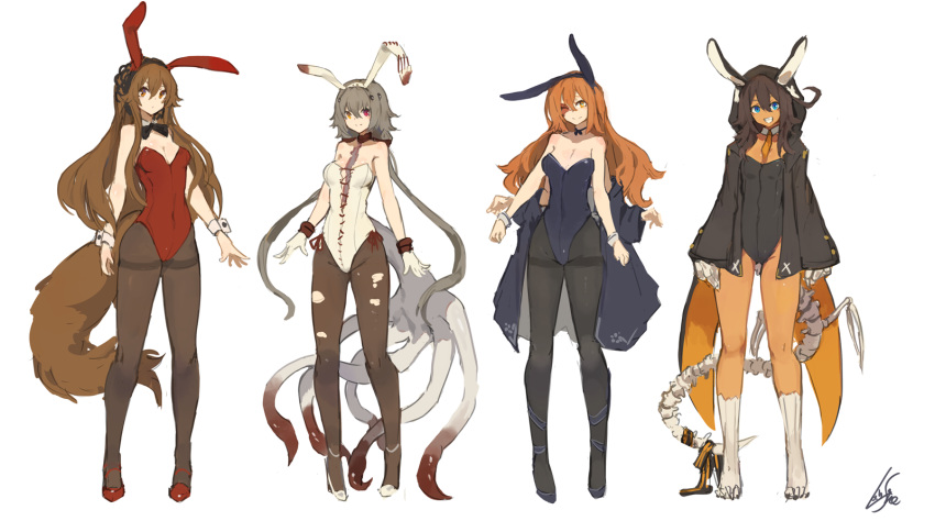 4girls animal_ears bare_arms bare_shoulders between_breasts black_bow black_neckwear blue_eyes blue_leotard bone bow bowtie breasts brown_eyes brown_hair claws coat colho_(lansane) commentary_request covered_navel detached_collar extra_arms fake_animal_ears grey_hair grey_legwear grin hair_between_eyes hairband heterochromia high_heels highres hood hood_up lansane leotard lineup long_hair long_legs long_sleeves looking_at_viewer low_twintails medium_breasts monster_girl multiple_girls necktie off_shoulder orange_hair orange_necktie original pantyhose pigeon-toed playboy_bunny quadriri_(lansane) rabbit_ears red_footwear red_leotard ribbon scar side-tie_leotard signature simple_background smile standing stitches tail tail_ornament tail_ribbon tentacle thighband_pantyhose tsana_(lansane) twintails vararia_(lansane) very_long_hair white_background white_leotard wings wolf_tail wrist_cuffs