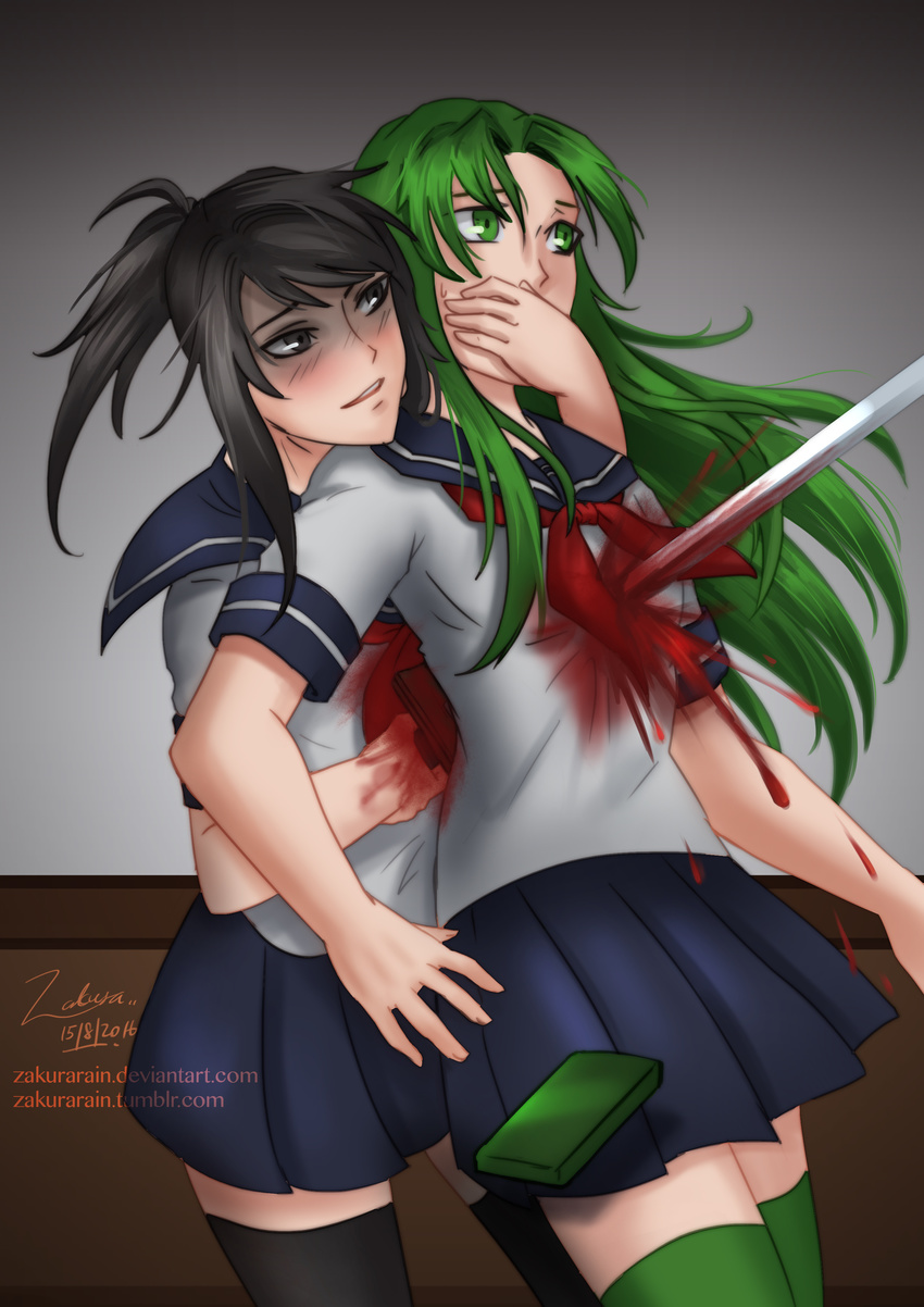 2girls absurdres ayano_aishi black_eyes black_hair blood death guro highres katana long_hair midori_gurin_(yandere_simulator) multiple_girls open_mouth photoshop_(medium) ponytail school_uniform serafuku shaded_face short_hair simple_background skirt smile source_request sword weapon yandere yandere_simulator zakurarain_(rainbowfiedmaya)