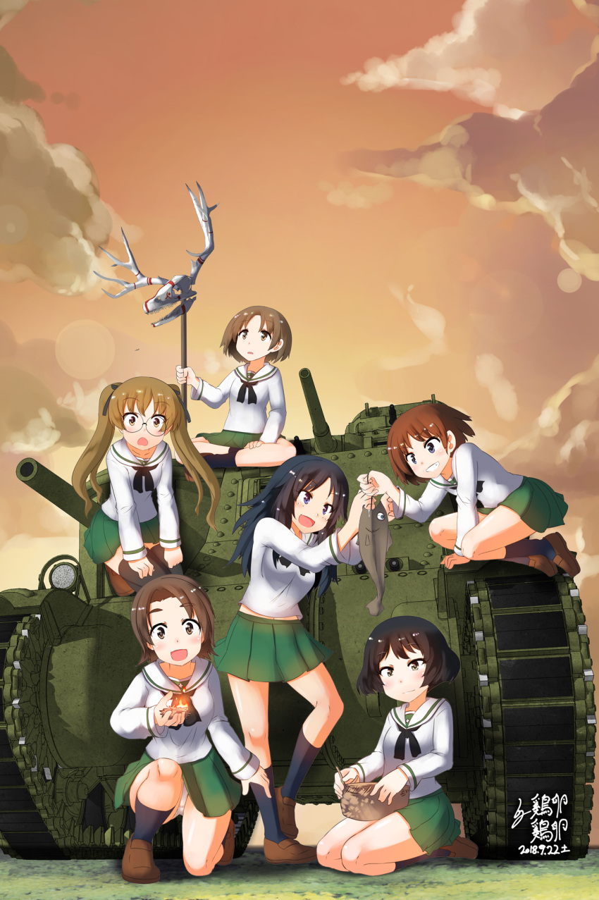 6+girls aquaegg black_hair blonde_hair blue_eyes blush breasts brown_eyes brown_hair closed_mouth freckles girls_und_panzer glasses ground_vehicle hair_ornament hair_ribbon highres kneeling long_hair looking_at_viewer maruyama_saki military military_vehicle motor_vehicle multiple_girls navel ooarai_school_uniform oono_aya open_mouth panties pantyshot pantyshot_(kneeling) ribbon sakaguchi_karina sawa_azusa school_uniform shiny shiny_hair short_hair skirt small_breasts tank twintails underwear upskirt utsugi_yuuki white_panties yamagou_ayumi