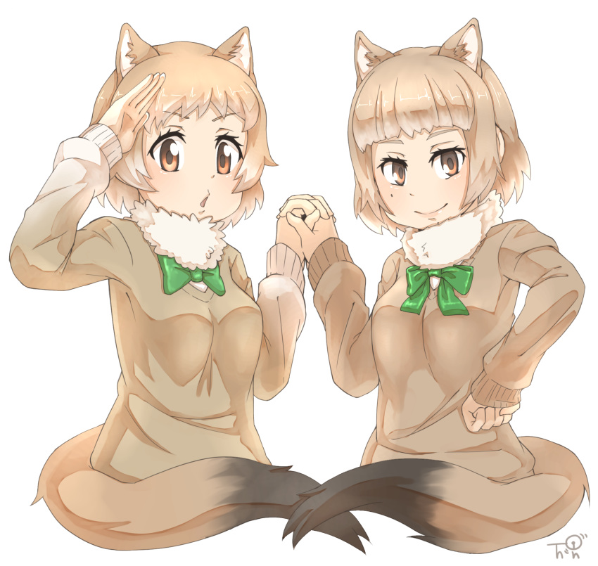 2girls animal_ears black-tailed_prairie_dog_(kemono_friends) black-tailed_prairie_dog_(kemono_friends)_(cosplay) blunt_bangs bow bowtie brown_eyes brown_sweater closed_mouth commentary cosplay extra_ears fur_collar green_bow hand_on_own_hip hand_to_forehead hand_up hands_up highres holding_hands interlocked_fingers kemono_friends light_brown_hair long_sleeves looking_at_viewer mole mole_under_eye multiple_girls open_mouth salute short_hair shoulder-to-shoulder sidelocks simple_background smile sweater tail thin_(suzuneya) upper_body white_background