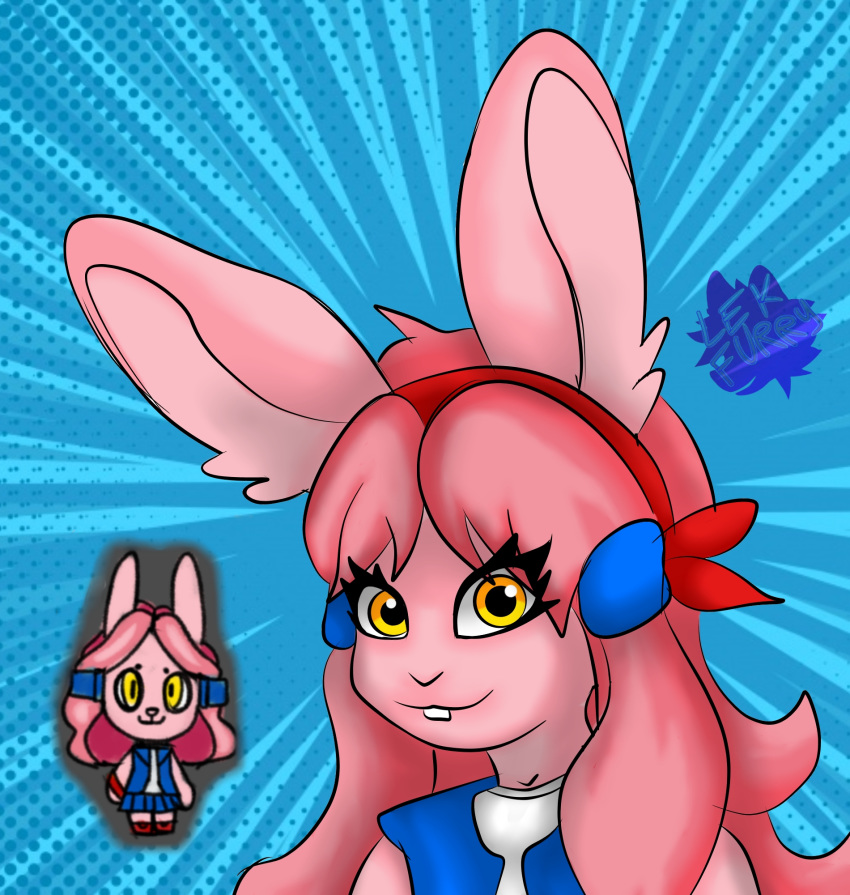 blue_background chibi dalan female harley hi_res lagomorph lek leporid mammal nina rabbit rpg_(disambiguation) signature simple_background smile solo yellow_eyes