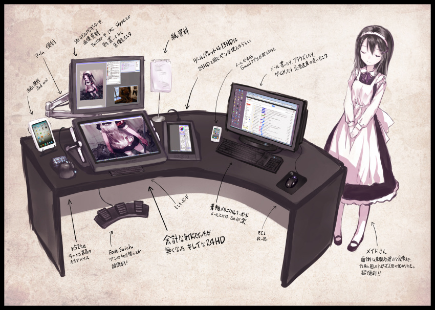 alteil apron armband blood cellphone closed_eyes closed_mouth commentary computer computer_keyboard computer_mouse crowbar desk drawing_tablet dress female gmail hair_between_eyes hair_ornament hair_ribbon hairclip highres ipad iphone irc kiran_(kiranpln) logitech maid maid_apron maid_headdress monitor mousepad_(object) mozilla_firefox original painttool_sai paper phone photoshop_(medium) purple_dress purple_ribbon ribbon simple_background skype smartphone solo tablet_pc translated wacom white_legwear white_ribbon windows_vista