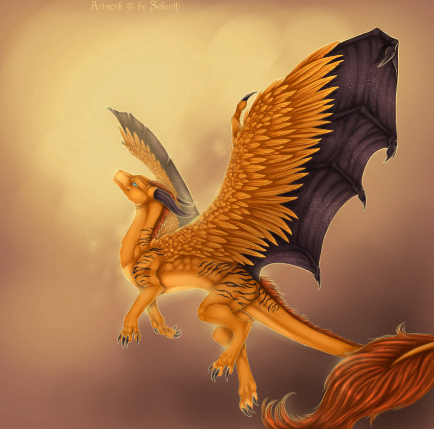 2018 ambiguous_gender blue_eyes brown_hair claws curved_horn dragon feathered_dragon feathered_scalie feathered_wings feathers feral flying fur furred_dragon furred_scalie hair horn mane membrane_(anatomy) membranous_wings mythological_creature mythological_scalie mythology orange_body orange_feathers orange_fur scalie selianth smile solo tail wings