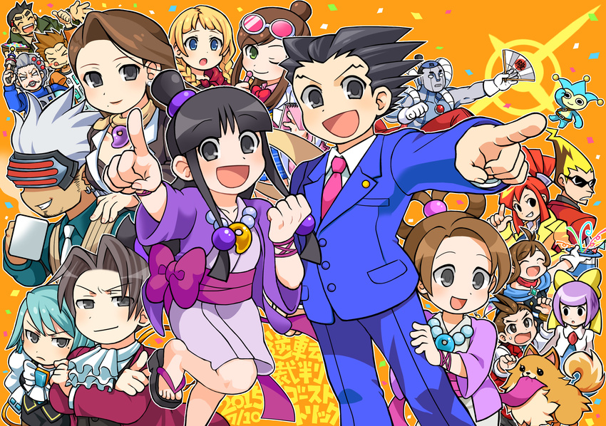 >_< 6+boys 6+girls :o ahoge apollo_justice apollo_justice:_ace_attorney ascot black_eyes black_hair blonde_hair blue_badger blue_eyes blue_hair blue_pants bow braid brooch brown_hair canine capcom closed_eyes coat commentary_request company_connection crossed_arms crossover cup dated dick_gumshoe earrings ema_skye espella_cantabella everyone eyewear_on_head formal ghost_trick godot_(ace_attorney) green_eyes grey_eyes grey_hair gyakuten_saiban hair_bun hairbow hat highres japanese_clothes jewelry kamila_(ghost_trick) karuma_mei larry_butz long_hair looking_at_viewer lynne_(ghost_trick) magatama mask maya_fey mia_fey miles_edgeworth missile_(ghost_trick) mole mole_under_eye mole_under_mouth mug multiple_boys multiple_girls naruhodou_ryuuichi necktie one_eye_closed orange_background pants parted_bangs pearl_fey photoshop_(medium) pink_necktie pointing pomeranian_(dog) ponytail professor_layton_vs._phoenix_wright:_ace_attorney purple_hair purple_skirt red_hair sandals satokichi short_hair single_hair_bun sissel_(ghost_trick) skirt smile steel_samurai suit sunglasses tongue top_hat trucy_wright twin_braids wendy_oldbag white_bow white_hair yellow_bow