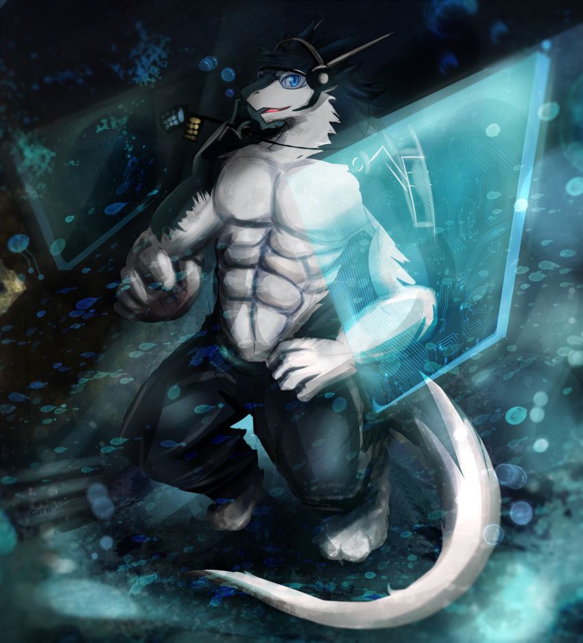 2015 abs anthro biceps big_muscles black_body black_fur blue_eyes bottomwear clothed clothing discordnight fd-caro fur hi_res male mammal muscular muscular_anthro muscular_male open_mouth pants pecs science_fiction sea sergal solo tail topless visor water white_body white_fur