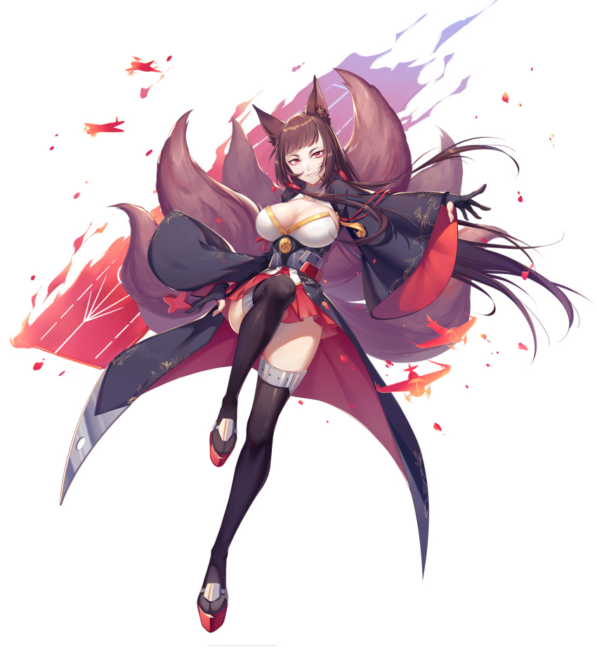 aircraft airplane akagi_(azur_lane) animal_ear_fluff animal_ears arm_at_side ayan azur_lane blush breasts brown_hair chinese_commentary cleavage commentary eyeshadow female fire flight_deck floating_hair fox_ears fox_tail full_body gloves grin highres holding japanese_clothes large_breasts leg_up long_hair looking_at_viewer makeup multiple_tails outstretched_arm partially_fingerless_gloves pleated_skirt red_eyes red_skirt rudder_footwear shikigami sidelocks simple_background skirt smile tail thighhighs white_background wide_sleeves