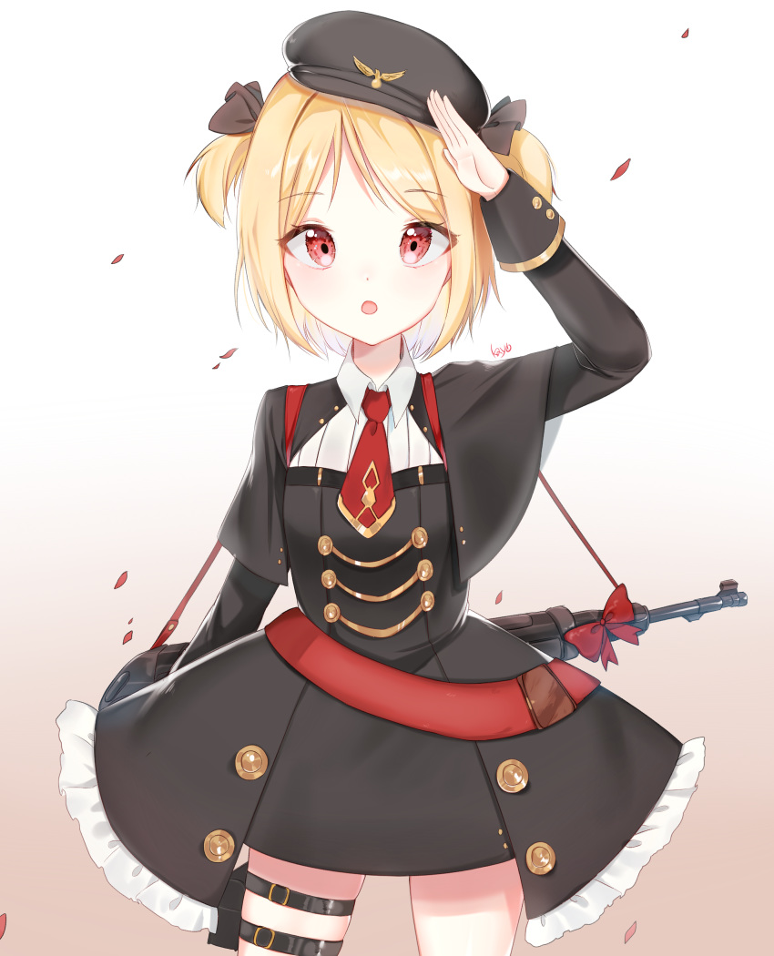 :o arm_up black_capelet black_dress black_hat blonde_hair blush bow brown_background brown_ribbon cabbie_hat capelet collared_shirt commentary cowboy_shot dress female frilled_dress frills girls'_frontline gradient_background gun hair_ribbon hat highres kayo_(skc08049) long_sleeves mp40 mp40_(girls'_frontline) mp40_(thumbelina)_(girls'_frontline) name_connection object_namesake parted_lips red_bow red_eyes ribbon salute shirt skindentation solo submachine_gun thigh_strap two_side_up weapon white_background white_shirt