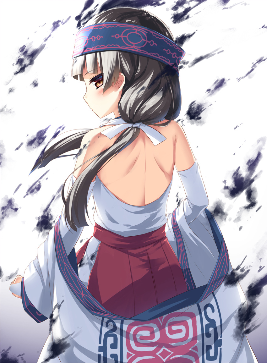 ainu_clothes amayadori_machi back backless_outfit bare_shoulders black_hair blunt_bangs blush brown_eyes commentary_request female from_behind hair_ribbon hakama hakama_skirt headband highres japanese_clothes kumamiko long_hair looking_at_viewer looking_back low_twintails miko olive_(laai) photoshop_(medium) red_hakama ribbon skirt solo standing twintails undressing