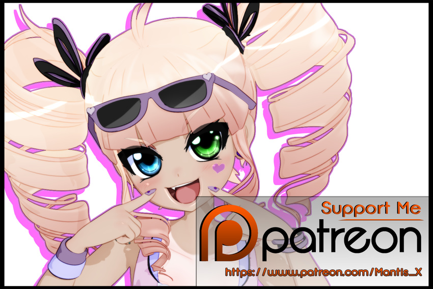 3d eyebrows eyebrows_visible_through_hair female glasses gs-mantis hair_ornament hair_ribbon heart heterochromia lolicon long_hair looking_at_viewer open_mouth original patoot patreon shadow shiny shiny_hair solo tan tanline transparent_background twin_drills twintails upper_body