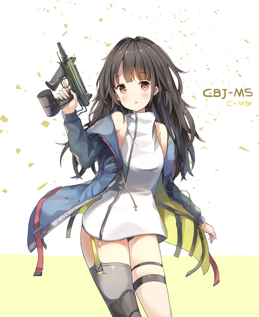 :o absurdres asymmetrical_legwear bare_shoulders black_panties blue_jacket blush brown_hair c-ms_(girls'_frontline) cbj-ms commentary dress female garter_straps girls'_frontline grey_legwear gun hand_up head_tilt highres holding holding_gun holding_weapon hood hood_down hooded_jacket jacket long_hair long_sleeves looking_at_viewer name_connection object_namesake off_shoulder open_clothes open_jacket panties parted_lips photoshop_(medium) red_eyes short_dress single_thighhigh skindentation sleeveless sleeveless_dress sob_(submar1089) solo submachine_gun thigh_strap thighhighs underwear uneven_legwear very_long_hair weapon white_dress