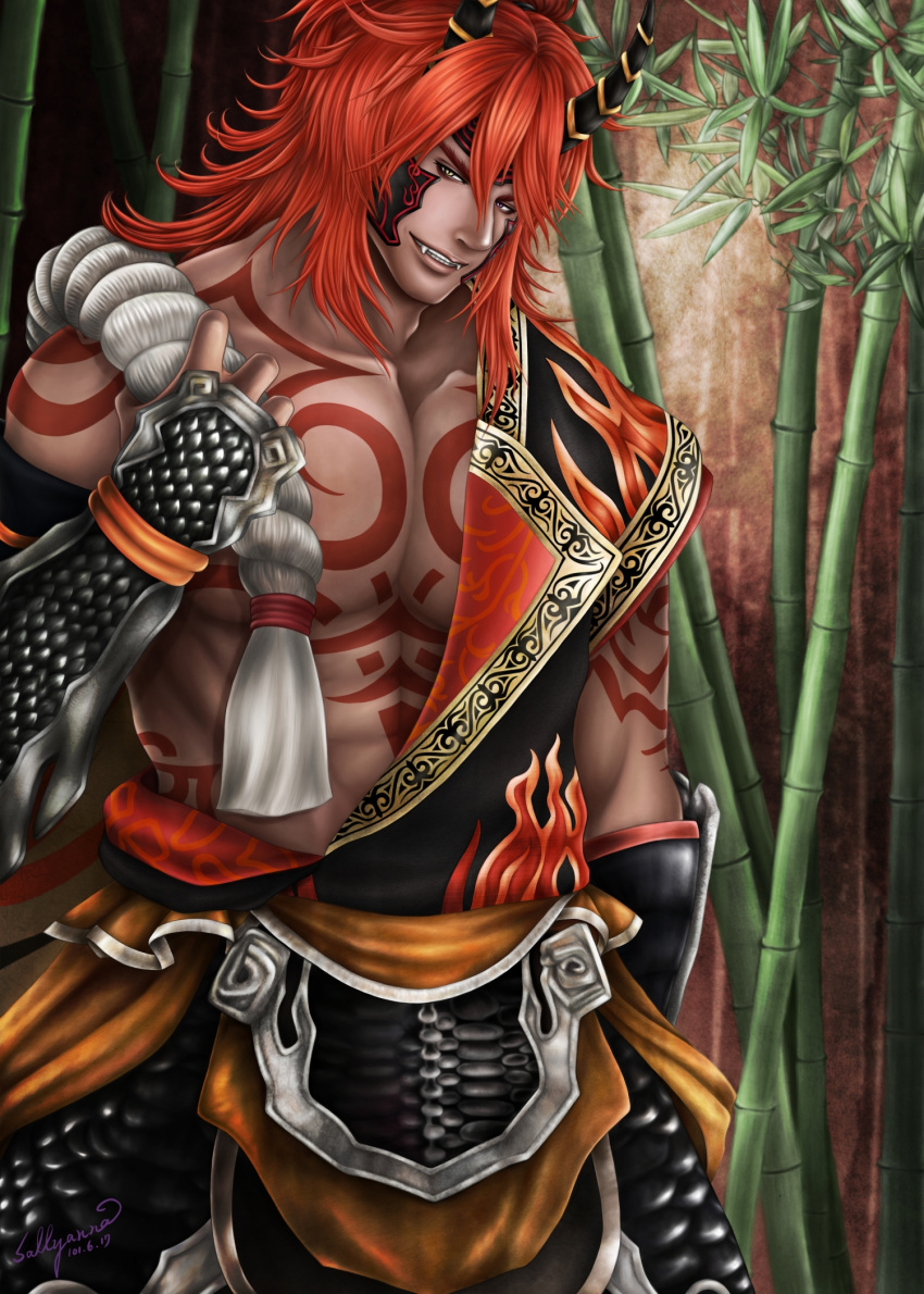 1boy abs bara bodypaint clothes demon fingerless_gloves gloves highres horns jungle long_hair looking_at_viewer male_focus muscle musou_orochi musou_orochi_2 nature outdoors pecs purple_eyes red_hair rope shirt shuten_doji smile solo teeth yellow_eyes