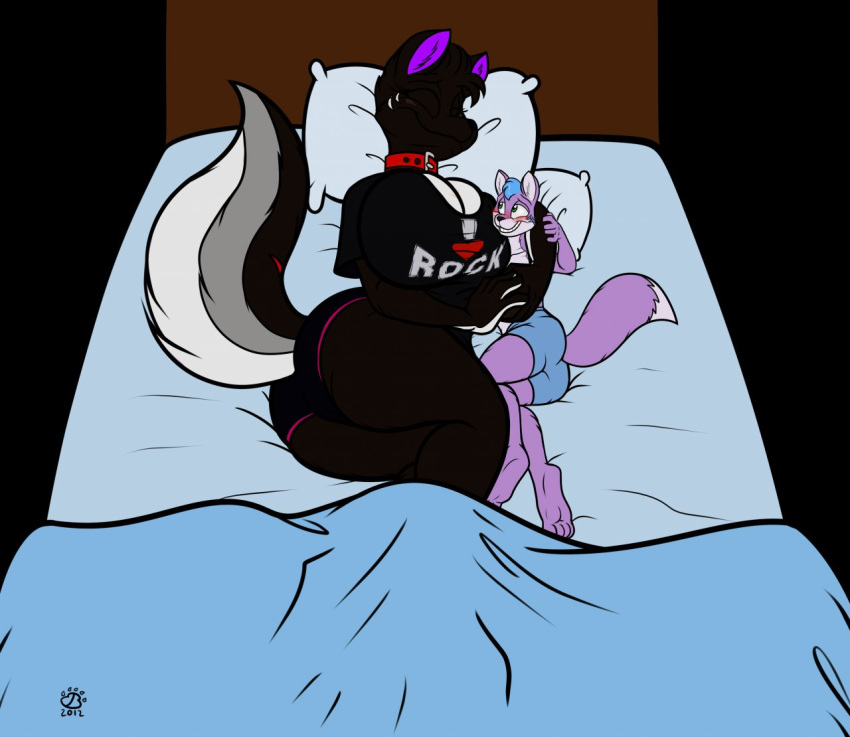 1boy 1girls anthro badgerben bed big_breasts blush breasts canine cleavage clothed clothing collar cute duo female furry hug huge_breasts hugging large_breasts larger_female male on_side pillow size_difference sleeping smile