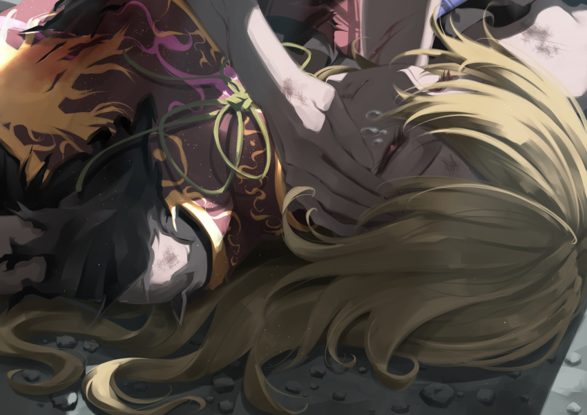 2girls black_dress blonde_hair blood chinese_clothes closed_eyes closed_mouth dress hair_between_eyes hair_spread_out hecatia_lapislazuli highres injury junko_(touhou) long_hair multiple_girls otomeza_ryuseigun solo_focus tabard tears torn_clothes touhou