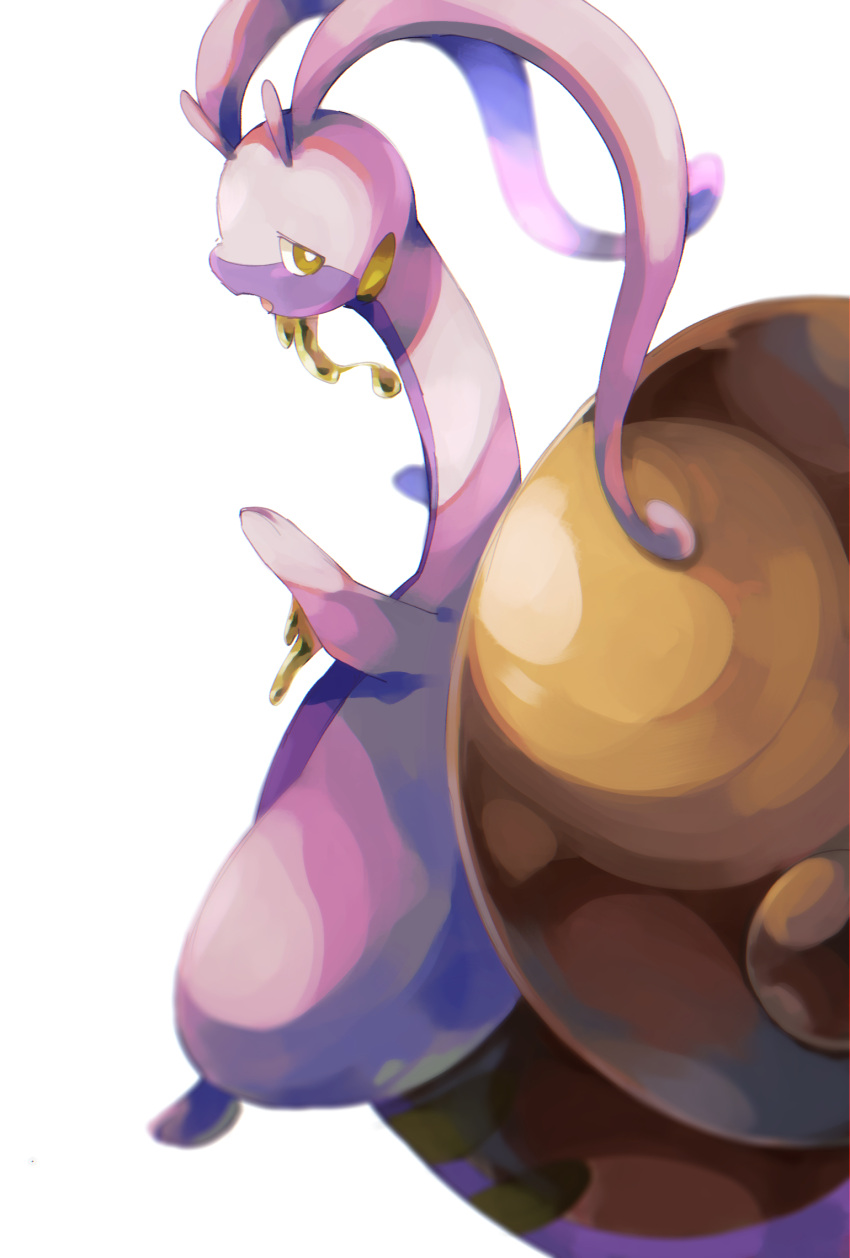 alternate_color blurry bright_pupils commentary_request highres hisuian_goodra looking_back no_humans nume_0859 open_mouth pokemon pokemon_(creature) shell shiny_pokemon slime_(substance) solo standing tongue white_pupils yellow_eyes